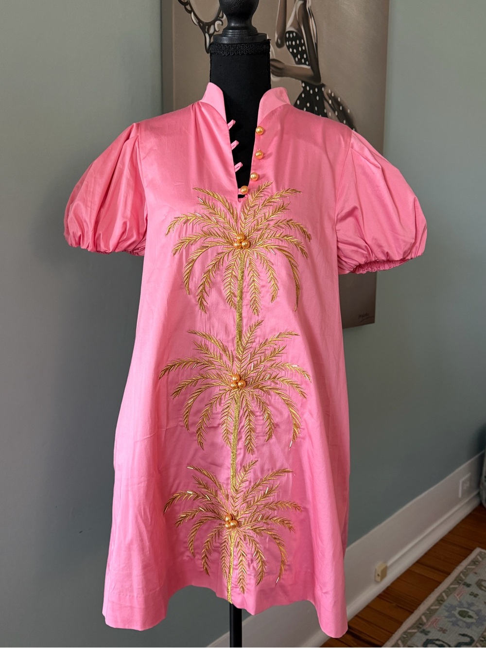 Pink Embroidered Mini Dress with Gold Palm Motif - Picture 2 of 3